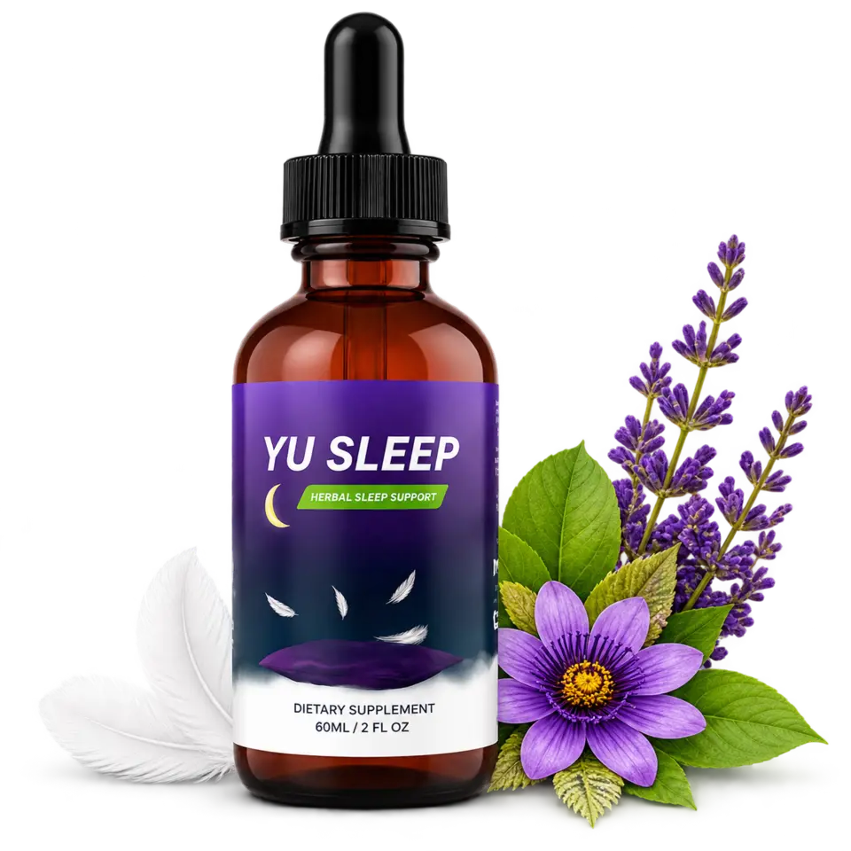 Illustration of a purple sleep-support dropper bottle beside purple flowers
