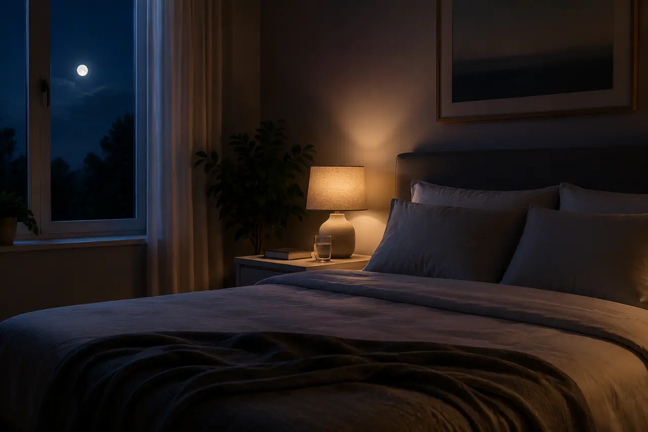 Quiet bedroom at night with moonlight and a warm bedside lamp